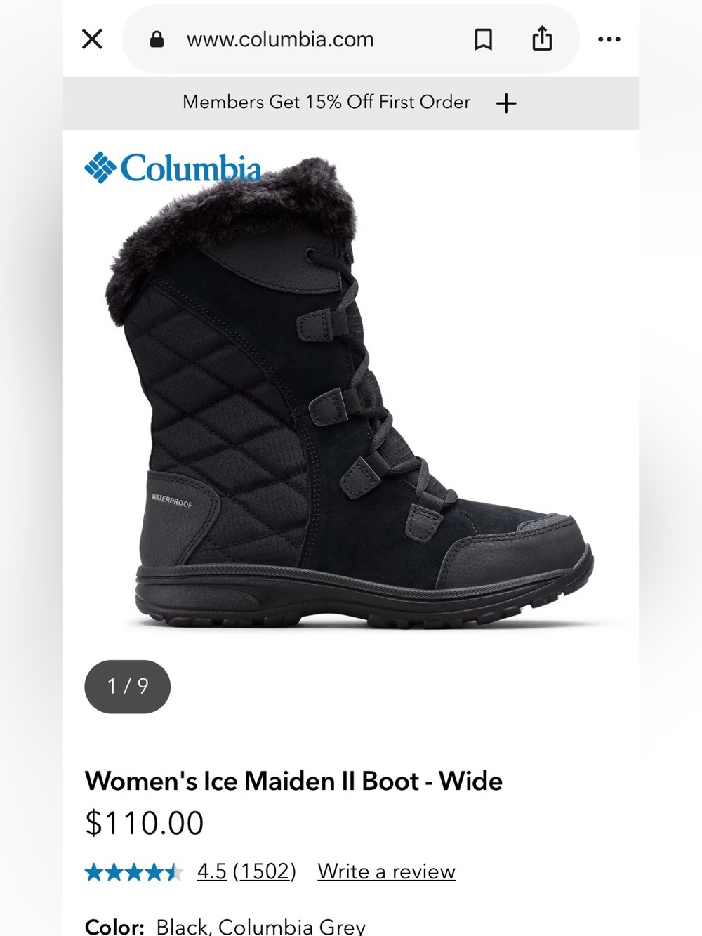 Columbia Ice Maiden II Waterproof Winter Boots Black Women’s Size 9